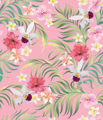 Tropical vector seamless background. Jungle pattern with exitic flowers, and palm leaves. Stock vector. Jungle vector vintage wallpaper