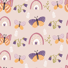 Seamless pattern with butterflies, rainbows and flowers. Blooming Flowers, floral paper, spring scrapbook. Vector seamless background.
