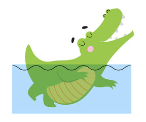 Cute Happy Crocodile Swimming in Water, Funny Alligator Predator Green Animal Character Cartoon Style Vector Illustration