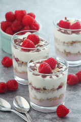 Granola with yogurt trifles with raspberry