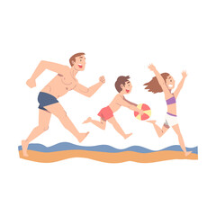 Obraz na płótnie Canvas Dad Having Fun with his Kids on the Beach, Happy Father, His Son and Daughter Spending Time Together Cartoon Style Vector Illustration