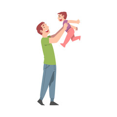 Dad Having Fun with His Kid, Happy Father and His Child Spending Time Together Cartoon Style Vector Illustration