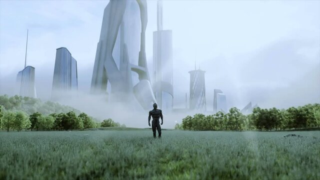military space soldiers of the future on a green meadow against the backdrop of a futuristic city. Realistic 4k animation.