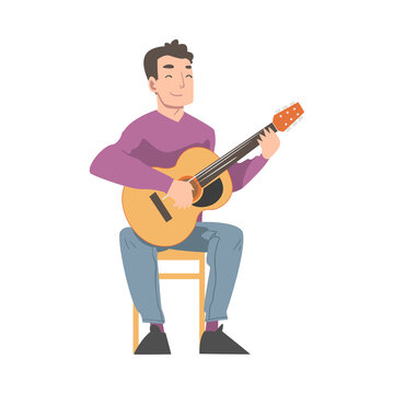 Young Man Playing Guitar and Singing Cartoon Style Vector Illustration