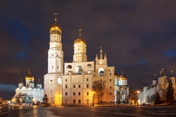 View of the architectural ensemble of the Kremlin from the Senate Square at night. Moscow, Russia