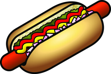 A hotdog with a frankfurter, relish, tomato sauce and mustard.