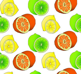 Seamless pattern of oranges, lemons and limes on a white background. Trendy vegan fruit background for textile, fabric, paper. Suitable for illustration of healthy food, local farm.