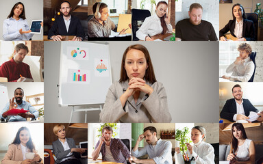 Multiethnic. Headshot screen, application view of diverse employees have work web conference using modern platform, smiling colleagues during online brainstorm, briefing on video call. Remote business