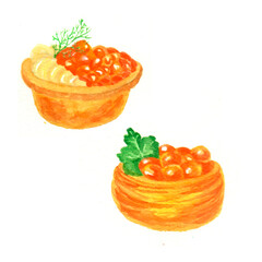Red caviar tartlets on white background.Watercolor art illustration. Hand painting.