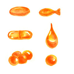 Vitamin capsule omega fish oil. Red caviar set. Pharmacy lifestyle. Watercolor art isolated.