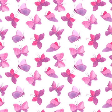 Watercolor seamless pattern with pink butterflies. Hand painted fairy butterfly texture isolated on white background. Romantic design for Valentine's day, textile, cards, decoration