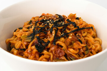 Fried noodles on white background