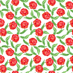 Seamless pattern with hand drawn watercolor flowers and leaves. Red peonies and roses plants isolated on white background. Floral texture background. Spring and summer design for textile