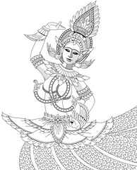 Traditional classical Thai dancer woman wearing ancient dress and headdress in outline art illustration style