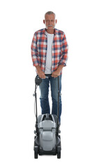 Senior man with modern lawn mower on white background