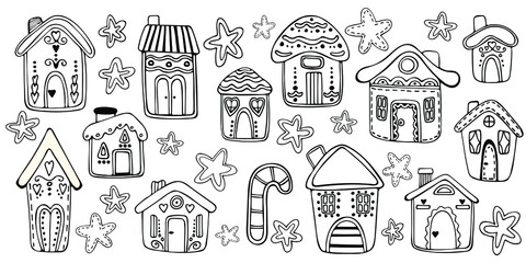 Set of Christmas cute gingerbread houses and stars. Vector illustration isolated on white.