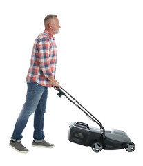 Senior man with modern lawn mower on white background