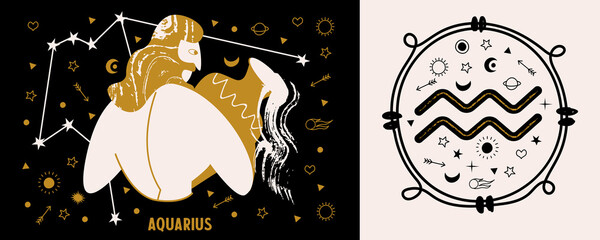 Horoscope and astrology. The zodiac sign Aquarius. Black and gold. Vector illustration in a flat style.