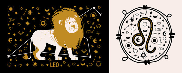 Sign of the zodiac Leo. Constellation of Leo. Vector illustration in flat style.