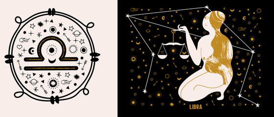 Libra. A nude woman is holding a scales. Vector illustration.