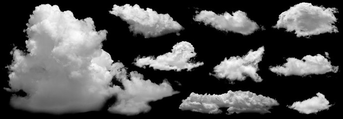 Set of White clouds isolated on black background. - obrazy, fototapety, plakaty