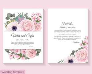Floral template for wedding invitation. Pink roses, anemones, magnolia, succulent plants, green plants and flowers. Vector postcard.