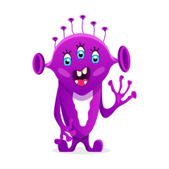 cute, friendly, purple, red alien monster greets you. Cartoon style.