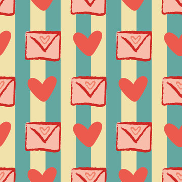 Valentine Love Heart Letter Envelope Vertical Stripes Seamless Pattern