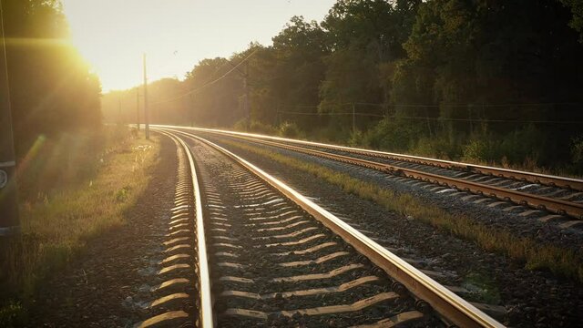 Railway in the autumn forest, foggy sunny dawn.