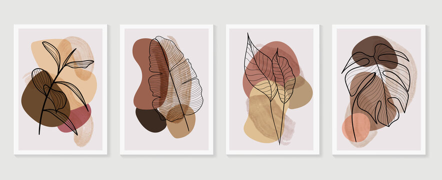 Botanical wall art vector set. Earth tone boho foliage line art drawing with  abstract shape.  Abstract Plant Art design for wall framed prints, canvas prints, poster, home decor, cover, wallpaper.
