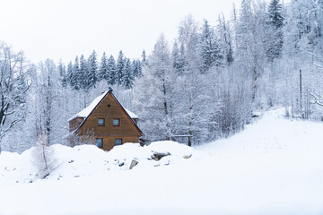 Mountain refuge, cozy cabin in the forest, snow and low temperature. Located in Karkonosze, in the mountains of the Czech Republic and Poland.