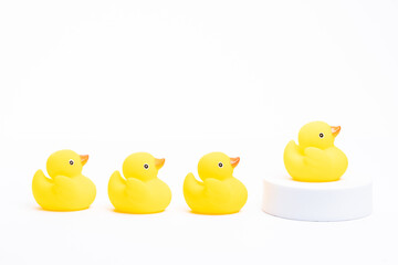 A group of yellow rubber duck following the leader