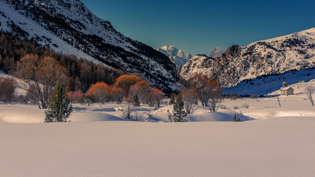 The Bourget plain and its church - La plaine du Bourget et son eglise, cervieres, Hautes Alpes