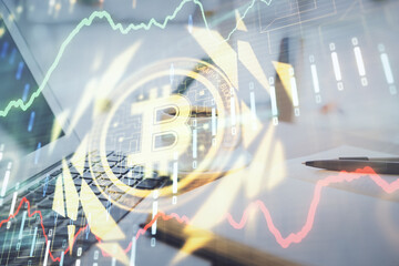 Double exposure of crypto technology drawing and desktop with coffee and items on table background....