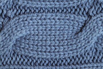 Texture of blue knitted sweater fabric.