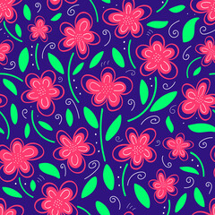 Fototapeta na wymiar Seamless pattern with pink flowers on a blue background. Pink wildflowers. Vector illustration in doodle style