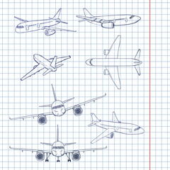 Vector Set of Sketch Airplanes. Side, Front, Back and Top View.