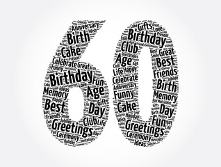 Happy 60th birthday word cloud, holiday concept background
