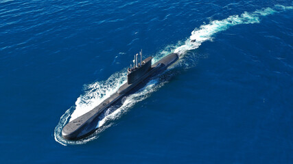 Aerial drone photo of latest technology naval armed forces submarine cruising in deep blue open...