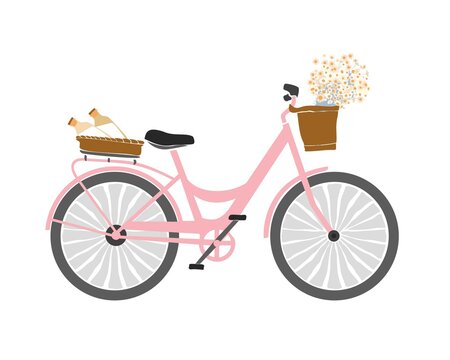 Pink women's bicycle with a basket of daisies and milk in a flat style isolated on white. Symbol of summer walks in the city and countryside. Hygge in the summer on the nature. Vector illustration.