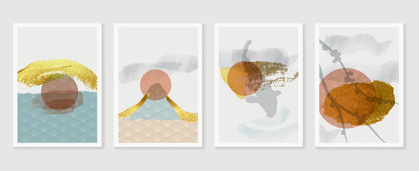 Mountain and gold landscape wall arts vector. Japanese oriental style abstract arts with gold texture design for wall framed prints, canvas prints, poster, home decor, cover, luxury wallpaper. 