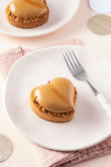 Heart shape vanilla tart with nuts. Valentine's Day.