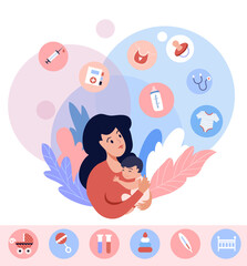 Motherhood concept illustration. Mom with newborn baby and infographics elements. Vector design.