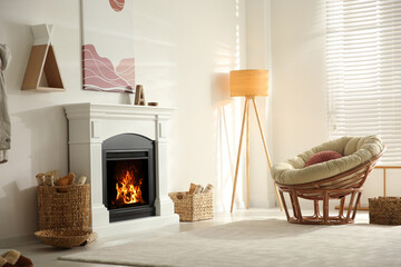 Bright living room interior with fireplace and papasan chair