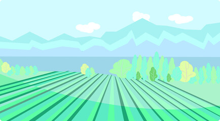 Obraz premium Cute landscape with views of the lake, vineyard and mountains. Vector illustration in flat style. For wine labels, posters, postcards, design and decor.