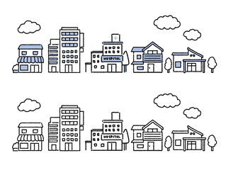 現代のおしゃれな一軒家の街並みイラストセット Area Wall Mural Ar 市田ほのか