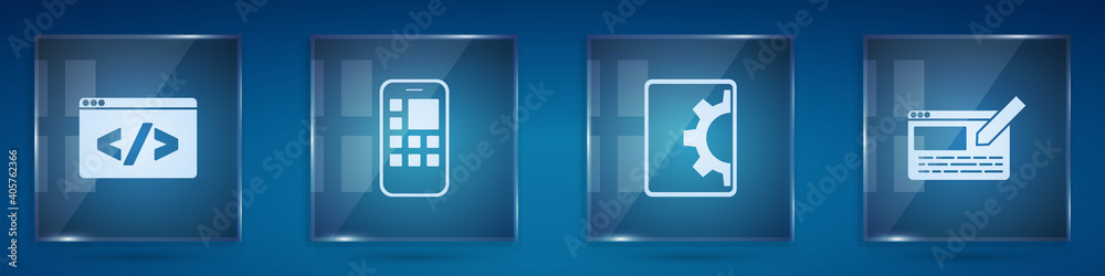 Wall mural set front end development, mobile apps, web and ui or ux design. square glass panels. vector.