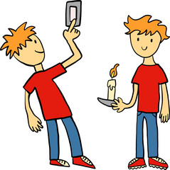 boy presses the power switch and holds the candle because there is no electricity
