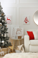 Beautiful Christmas pictures in festive room interior