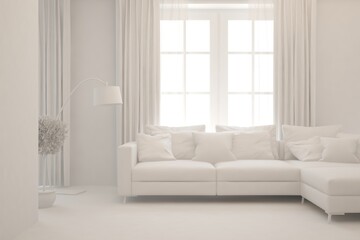 White minimalist living room with sofa. Scandinavian interior design. 3D illustration